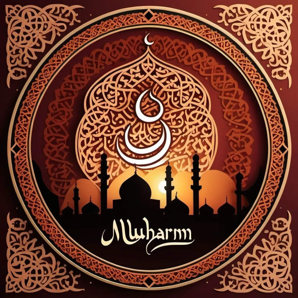 Prompt: Muharram greetings illustration, elegant calligraphy, Islamic artwork, warm and inviting color scheme, intricate details, high quality, digital art, traditional, festive, peaceful ambiance, professional, warm lighting