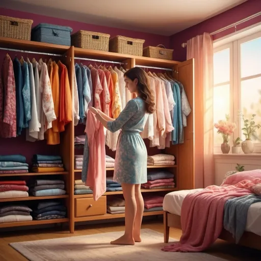 Prompt: (lady arranging clothes), creative concept, imaginative depiction, vibrant colors, soft lighting, warm tones, cheerful and serene atmosphere, detailed fabric textures, cozy room setting, interior background with wardrobe, high quality, ultra-detailed, 4K