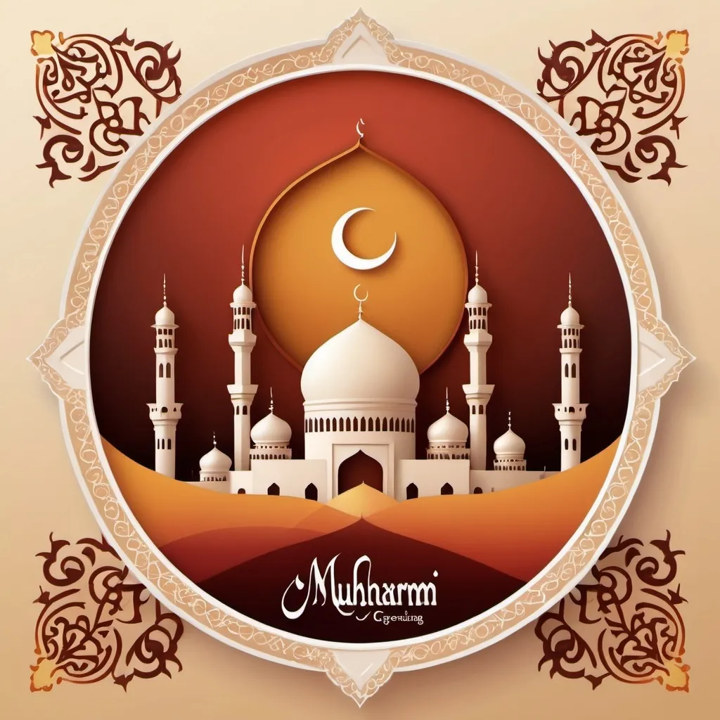 Prompt: Muharram greetings illustration, elegant calligraphy, Islamic artwork, warm and inviting color scheme, intricate details, high quality, digital art, traditional, festive, peaceful ambiance, professional, warm lighting