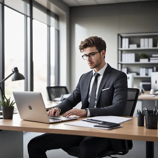 Prompt: Young man in a modern office, laptop on desk, professional attire, organized workspace, natural lighting, high-resolution, realistic, modern, detailed facial features, sleek design, professional, office setting, daily routine, work environment, focused, ergonomic chair