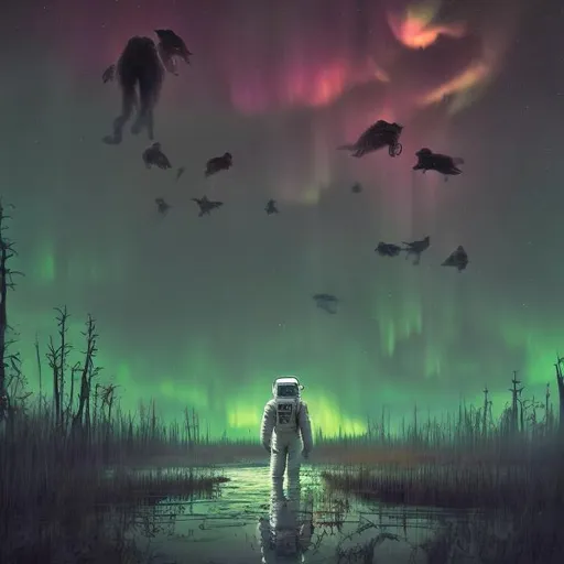 Prompt: An astronaut walking on a swamp sorrounded by wolves about to eat them  with an aurora in the sky