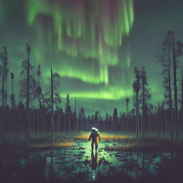 Prompt: An astronaut walking on a swamp sorrounded by wolves about to eat them  with an aurora in the sky