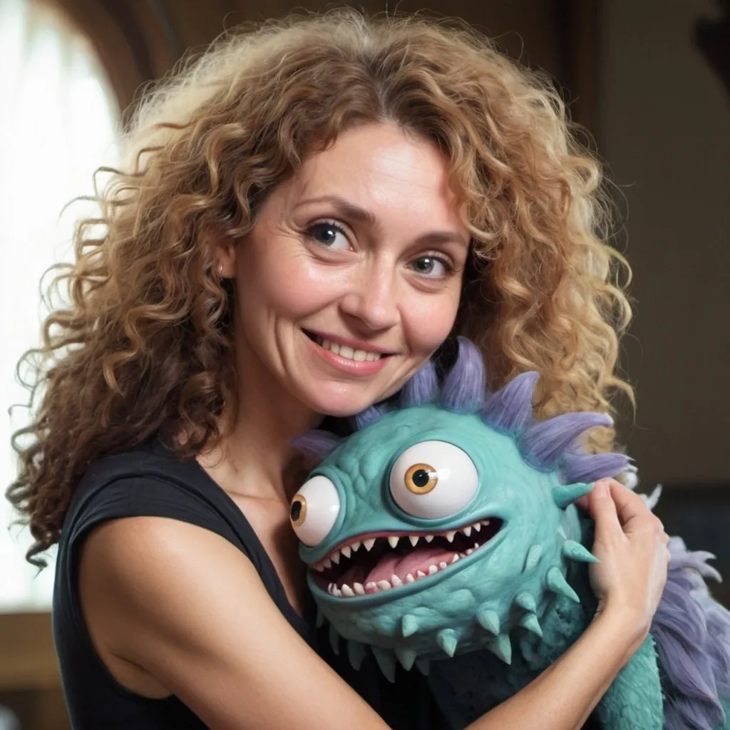 Prompt: a cute monster is perched on a slightly older woman's shoulder the woman has curly hair 