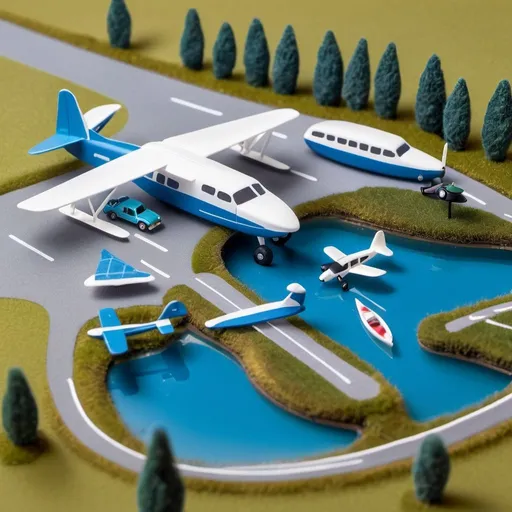 Prompt: miniature airport with 3 blue planes and a small pond with one boat and one aerobridge