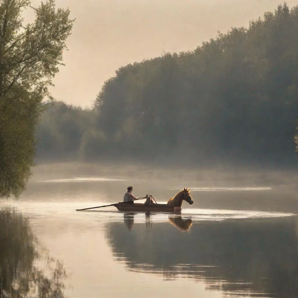 Prompt: A little horse rowing on a lake