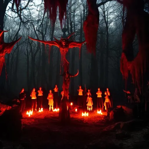 Prompt: satanic worship in a dark forest of gravyard