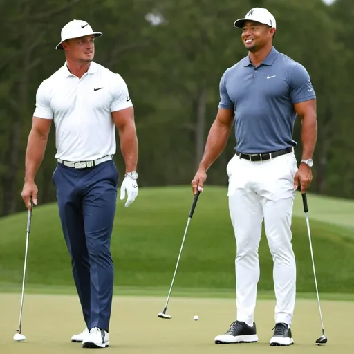 Prompt: Bryson DeChambeau playing golf together with tiger woods in the PGA Golf Tour.