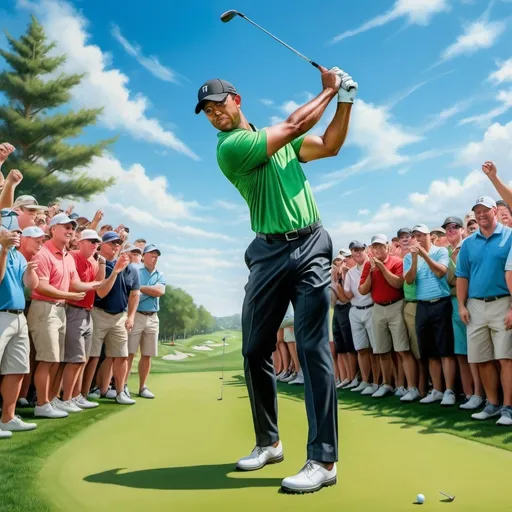 Prompt: A Very Handsome man playing golf together with tiger woods in the PGA Golf Tour.