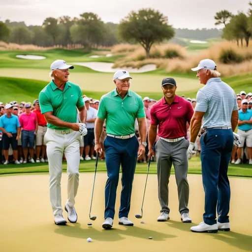 Prompt: Jack Nicholas with Bryson Dechambeau and also with Tiger Woods all playing for crusher golf club in liv golf and they are also with greg norman