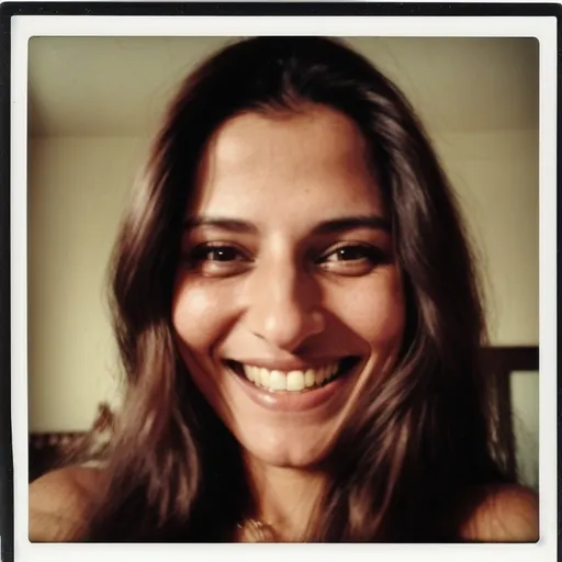 Prompt: a woman with long hair and a smile on her face, and a video chat to the camera of the same woman, Anna Maria Barbara Abesch, samikshavad, f / 3 2, a polaroid photo