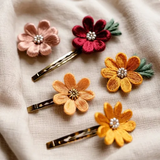 Prompt: a set of hairclip with different floral embroidery design on a linen fabric, flat lay shot type, bokeh lighting, dried flowers decorating items, 