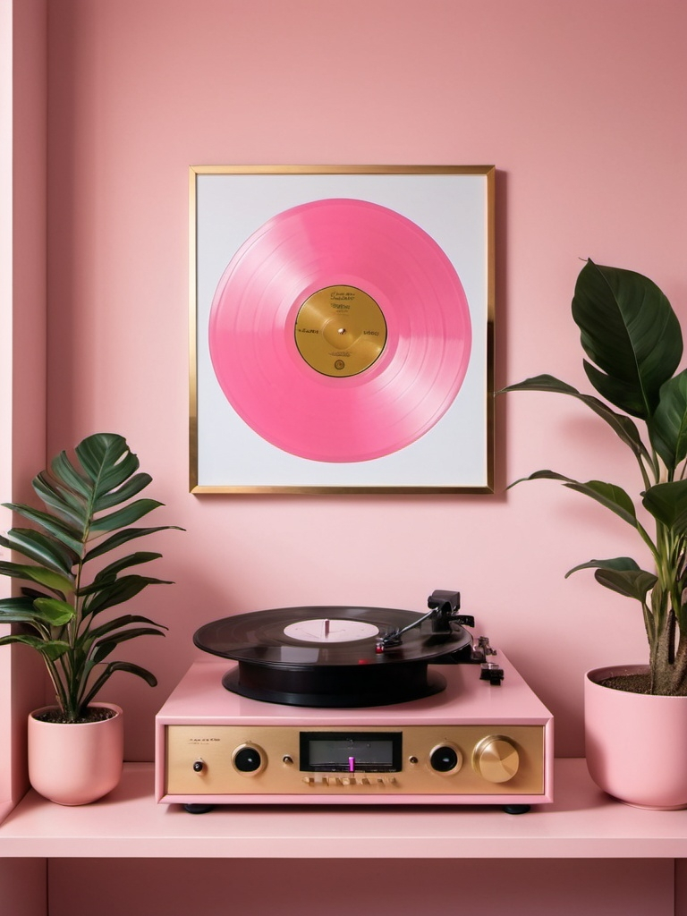 Prompt: A minimalist, modern room with a pink aesthetic. A large, framed display holds rows of pink vinyl records with gold accents. Below the display, a sleek, pink record player sits on a matching pink surface. A potted plant adds a touch of greenery to the scene. create by size  1024px x 1024px