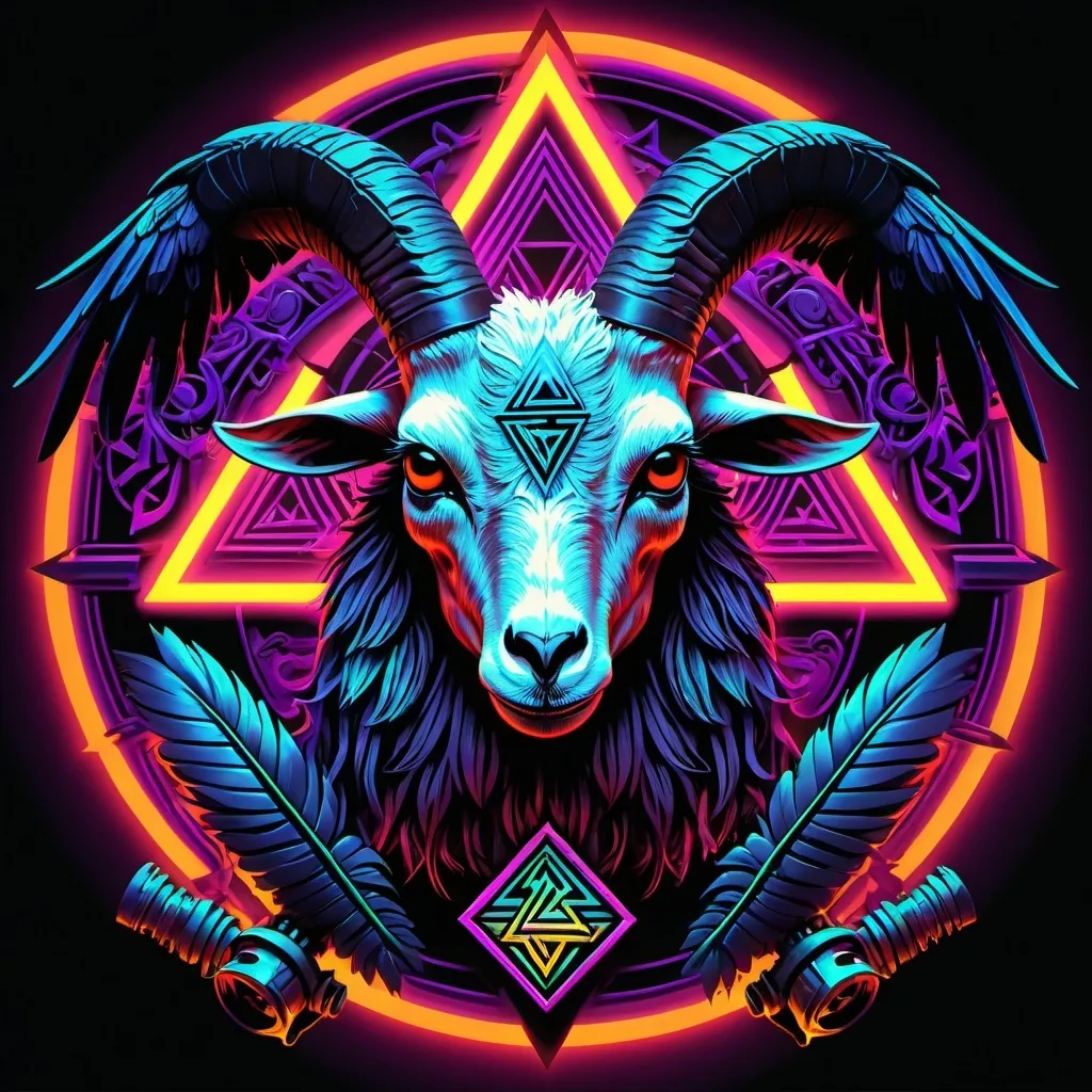 Prompt: GOAT skull, 2 raven, Valknut, Vegvisir. Neon Color style.