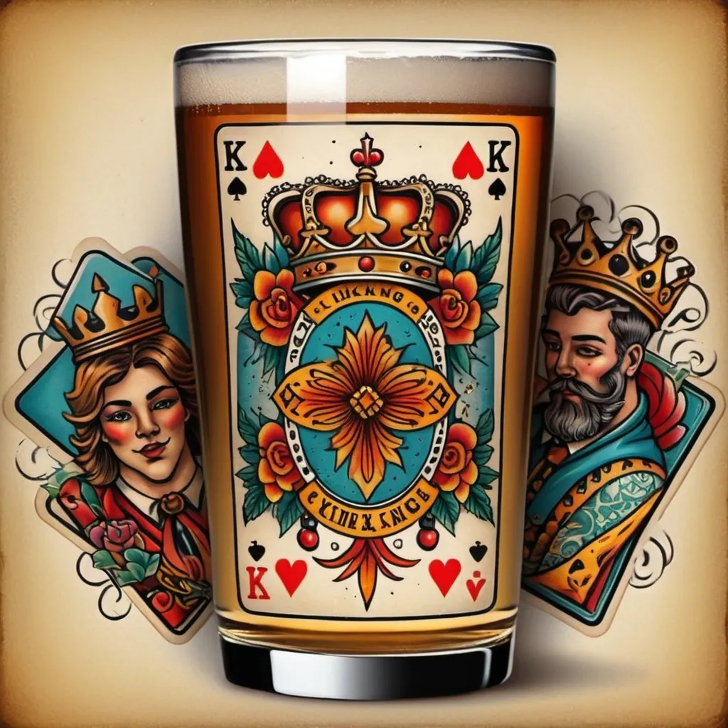 Prompt: In old school tattoo style , a tumbler of beer in front of a set of playing cards with the 4 kings of each suite 