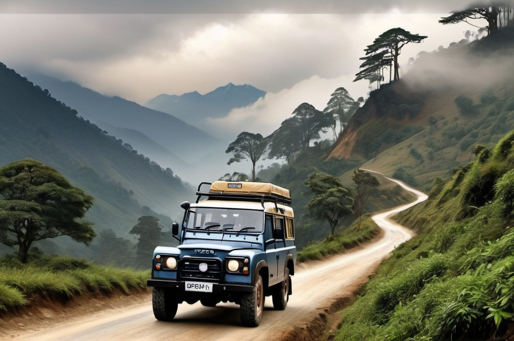Prompt: Landrover driving on Sandakphu Road, majestic view of Kanchenjungha in the distance, mountainous terrain, misty atmosphere, realistic 3D rendering, high resolution, detailed landscape, natural colors, scenic beauty, adventurous journey, mountain expedition, pristine and serene, breathtaking view, detailed vehicle design, lush greenery, cool and refreshing mountain air, peaceful ambiance