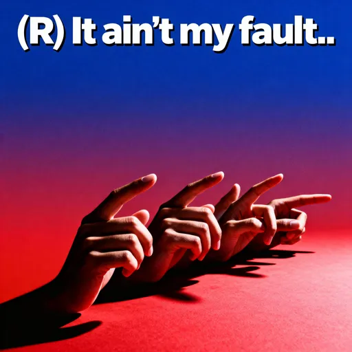 Prompt: a lot of human fingers not hands, pointing in a row pattern with a slogan saying: (R) It ain't my fault..

