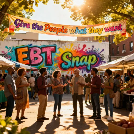 Prompt: With the words: EBT and Snap, in the background , words: "Give the People what they want". in a daytime setting. 