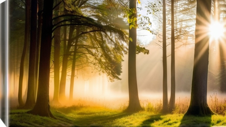 Prompt: meadow on edge of woods at dawn covered in light fogwhile rising sun shoots shafts of light through the trees giving the morning fog an eerie glow