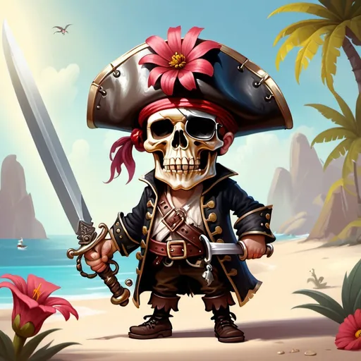 Prompt: tiny kind pirate with flower in the hat and a huge sword