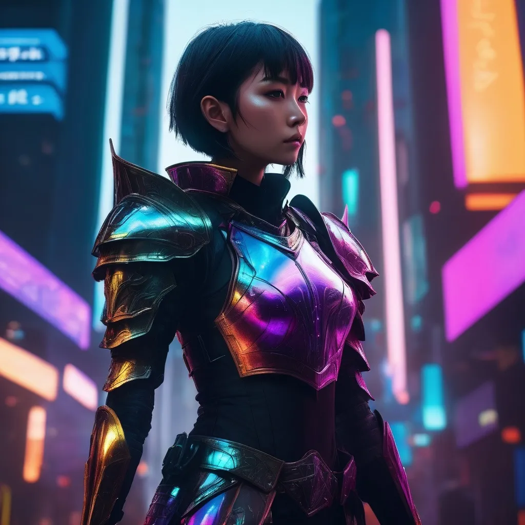 Prompt: asian elf with short hair wearing medieval fantasy armor, looking lost, wandering through a hyper futuristic city,fantasy art,shadow and light,shiny cyberpunk colors,city lights,4k