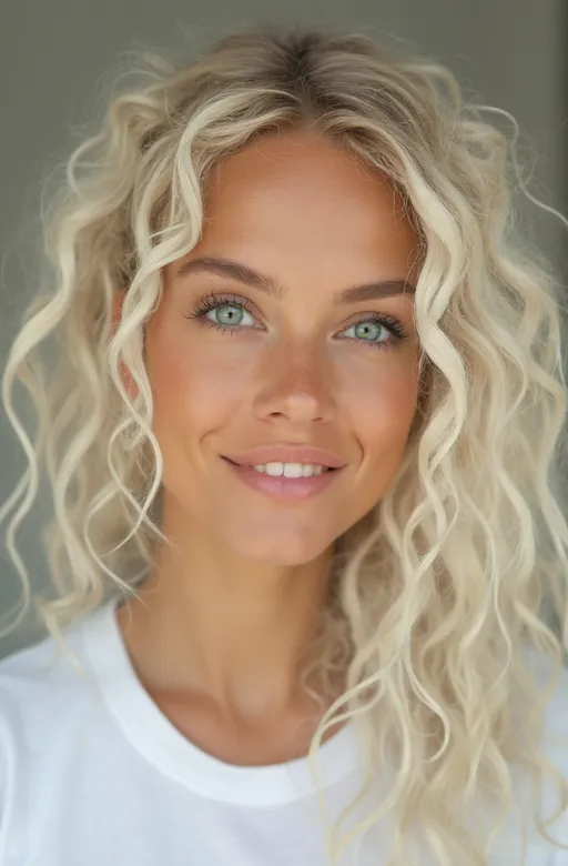 Prompt: An exotic looking female, white blonde hair with tight long ringlet curls, perfect smile, natural bronze and peach shades make up, striking light turquoise green eyes that pop against her suntan, basic white tshirt