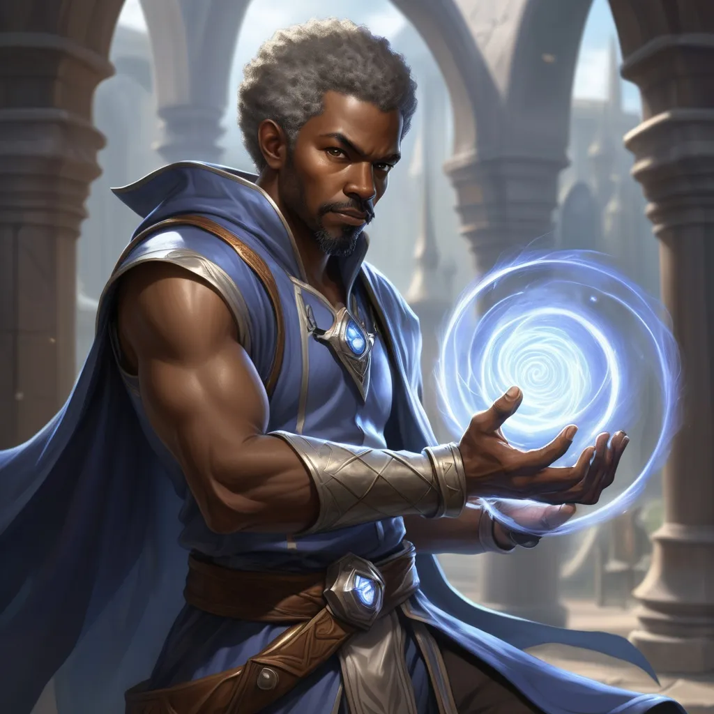 Prompt: A male mage, in his battle-mage attire (which is sleeveless). Battle-mages do not wear hats. He is a Black male of Afro-Caribbean descent, and is beardless. I envision him to be like a younger version of the theoretical physicist, Jim Gates. The mage has a modest Afro with the emergence of gray hairs, making him appear that he is in his 40s. This battle-mage has high affinity for Fire magics.  I want a full-body, photorealistic 3D render, of this mage shooting a stream of flames from his hand, similar to a flamethrower. His facial expression is that of anger