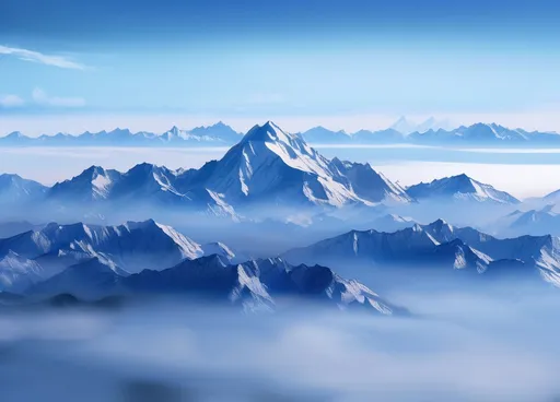 Prompt: The serene landscape unfolds with majestic mountain peaks towering in the distance, their snow-capped summits glistening under a clear blue sky. A tranquil atmosphere envelops the scene, with soft, wispy clouds merging into the horizon, enhancing the sense of depth and vastness. Layers of mist roll over the lower mountains, creating a dreamy, ethereal quality that adds to the beauty of the view. The color palette is dominated by cool blues and whites, evoking a sense of calm and tranquility, as the sunlight casts gentle shadows across the rugged terrains. This breathtaking vista conveys a narrative of nature’s grandeur, inviting a feeling of awe and peaceful reflection. Oil paint, rough edges, brush strokes, thick, blue, white, pale