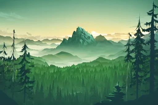 Prompt: A breathtaking vista unfolds with majestic mountains rising against a soft, hazy sky, where gentle clouds drift lazily amidst the warm golden light of late afternoon. Layers of rugged peaks form a dramatic backdrop, their silhouettes softened by atmospheric perspective, while a dense forest of lush evergreens sprawls across the foreground, adding rich contrasts of deep greens. The serene ambiance evokes a sense of tranquility, inviting viewers to immerse themselves in nature’s splendor, as the interplay of light and shadow highlights the geological textures of the landscape. This harmonious scene captures the beauty of wilderness, emphasizing a timeless narrative of peace and solitude amidst towering heights.
Blocks of matte primary colours, browns, mustard yellow, light blue, dark green.  
