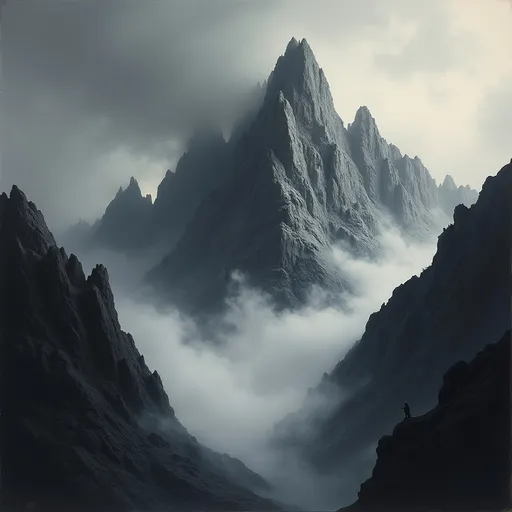Prompt: Jagged peaks rise dramatically into a foreboding sky, their dark granite faces shrouded in swirling mist and cloud. The atmosphere is heavy and ominous, conveying a sense of isolation as the landscape appears almost otherworldly. Shadows deepen in the crevices of the mountains, creating a striking contrast against the muted gray backdrop. The composition captures an essence of nature's raw power, evoking feelings of awe and mystery as the scene unfolds in a moody monochromatic palette. The entire setting beckons to those adventurous enough to explore its hidden depths and challenges.

Detailed oil painting, thick brush strokes, water colour.