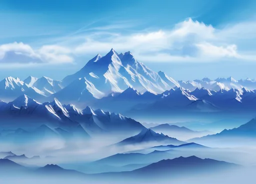 Prompt: The serene landscape unfolds with majestic mountain peaks towering in the distance, their snow-capped summits glistening under a clear blue sky. A tranquil atmosphere envelops the scene, with soft, wispy clouds merging into the horizon, enhancing the sense of depth and vastness. Layers of mist roll over the lower mountains, creating a dreamy, ethereal quality that adds to the beauty of the view. The color palette is dominated by cool blues and whites, evoking a sense of calm and tranquility, as the sunlight casts gentle shadows across the rugged terrains. This breathtaking vista conveys a narrative of nature’s grandeur, inviting a feeling of awe and peaceful reflection. Oil paint, rough edges, brush strokes, thick, blue, white, pale