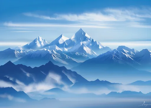 Prompt: The serene landscape unfolds with majestic mountain peaks towering in the distance, their snow-capped summits glistening under a clear blue sky. A tranquil atmosphere envelops the scene, with soft, wispy clouds merging into the horizon, enhancing the sense of depth and vastness. Layers of mist roll over the lower mountains, creating a dreamy, ethereal quality that adds to the beauty of the view. The color palette is dominated by cool blues and whites, evoking a sense of calm and tranquility, as the sunlight casts gentle shadows across the rugged terrains. This breathtaking vista conveys a narrative of nature’s grandeur, inviting a feeling of awe and peaceful reflection. Oil paint, rough edges, brush strokes, thick, blue, white, pale