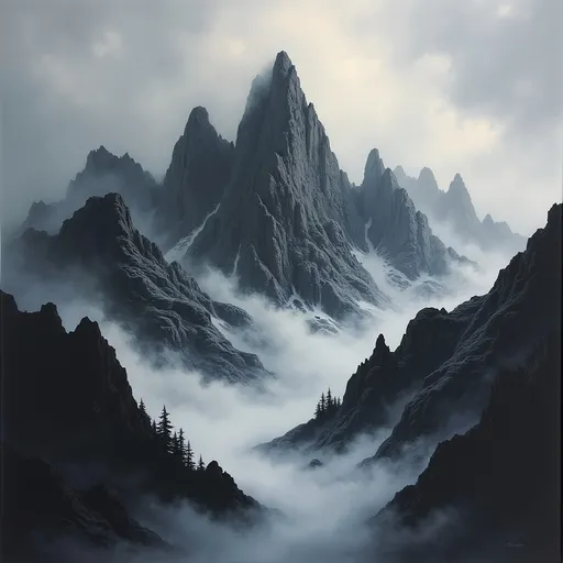 Prompt: Jagged peaks rise dramatically into a foreboding sky, their dark granite faces shrouded in swirling mist and cloud. The atmosphere is heavy and ominous, conveying a sense of isolation as the landscape appears almost otherworldly. Shadows deepen in the crevices of the mountains, creating a striking contrast against the muted gray backdrop. The composition captures an essence of nature's raw power, evoking feelings of awe and mystery as the scene unfolds in a moody monochromatic palette. The entire setting beckons to those adventurous enough to explore its hidden depths and challenges.

Detailed oil painting, thick brush strokes, water colour.