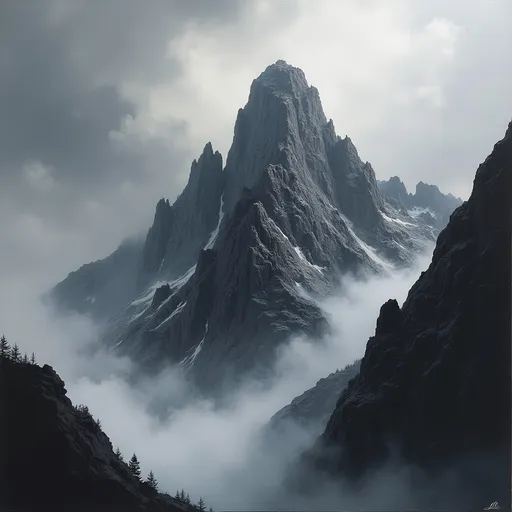 Prompt: Jagged peaks rise dramatically into a foreboding sky, their dark granite faces shrouded in swirling mist and cloud. The atmosphere is heavy and ominous, conveying a sense of isolation as the landscape appears almost otherworldly. Shadows deepen in the crevices of the mountains, creating a striking contrast against the muted gray backdrop. The composition captures an essence of nature's raw power, evoking feelings of awe and mystery as the scene unfolds in a moody monochromatic palette. The entire setting beckons to those adventurous enough to explore its hidden depths and challenges.

Detailed oil painting, thick brush strokes, water colour.