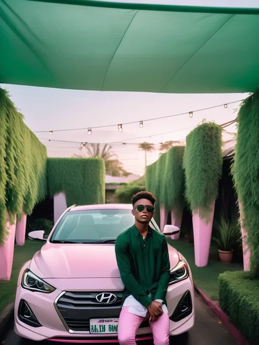 Prompt: Underneath a canopy with a vibrant green hue, a young man poses confidently beside a pristine white Hyundai car adorned with pink decorative fabric. His dark shirt contrasts sharply with his light-colored pants, while stylish sunglasses add to his urban flair. The surrounding scene is lush, filled with greenery and distant vehicles, suggesting an outdoor setting, likely during the evening as the sky transitions to dusk. A sparkling ornament hangs above him, casting a soft glimmer, which enhances the celebratory atmosphere of the moment captured. This setting conveys a mix of casual elegance and joy, highlighting the man’s relaxed demeanor against a backdrop of nature and festivities.