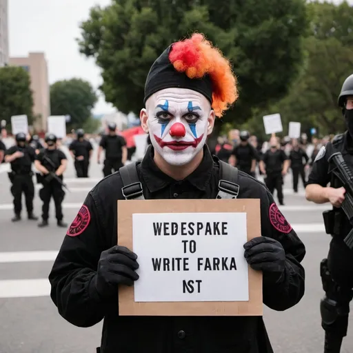 Prompt: A Antifa clown holding a sign