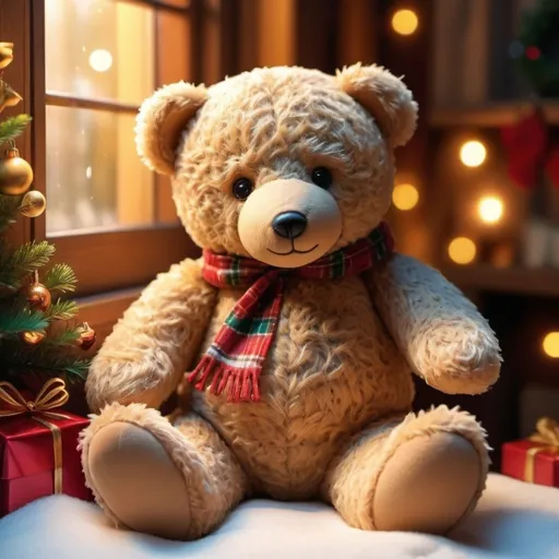 Prompt: (Teddy bear), warm lighting, vibrant colors, ultra-detailed texture, soft and cuddly appearance, cheerful atmosphere, cozy and inviting scene, photorealistic, , Background is a cozy christmas window ,high quality, 4K, intricate fabric details, peaceful expression, subtle shading and highlights.