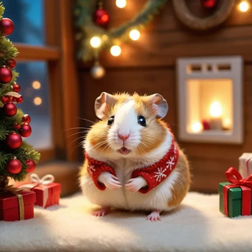 Prompt: (Hamster), warm lighting, vibrant colors, ultra-detailed texture, soft and cuddly appearance, cheerful atmosphere, cozy and inviting scene, photorealistic, , Background is a cozy christmas window ,high quality, 4K, intricate fabric details, peaceful expression, subtle shading and highlights.