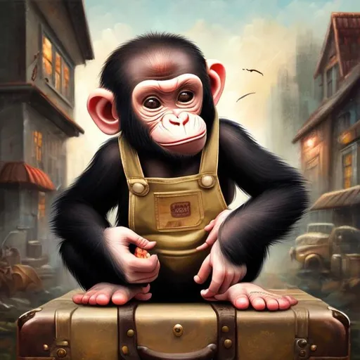 Prompt: cartoon baby Ape , repairing suitcase, realistic oil painting, detailed fur, detailed eyes, vintage color tones, professional lighting, high quality, realistic, vintage, classic, repair tools, textured suitcase, animal art, fine art, wear an apron
