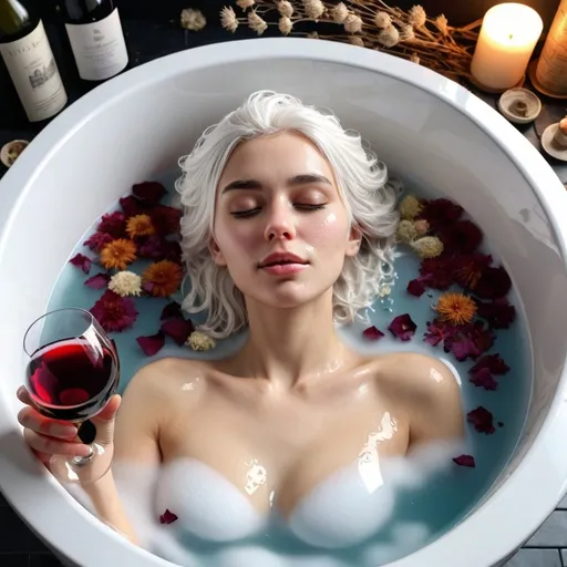 Prompt: Model with wet white hair sipping wine in bubble bath, surrounded by dried flowers, detailed, photorealistic