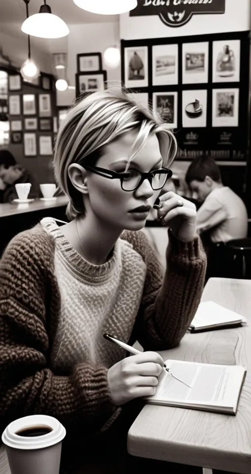 Prompt: 20 year old nerdy kate moss preparing for exam in a coffee shop with winter sweater with a pixie cut, very very short hair