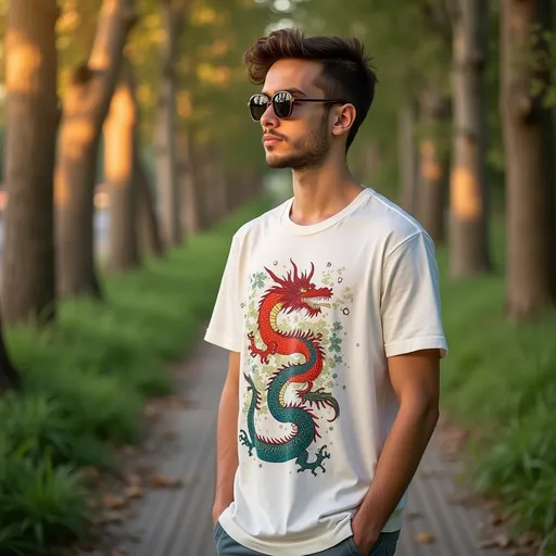 Prompt: Bathed in the warm glow of late afternoon light, a young man stands amidst a serene outdoor setting characterized by tall trees and gentle foliage, evoking a sense of tranquility. He wears a loose-fitting white t-shirt adorned with colorful dragon artwork, which adds a vibrant touch to his casual look, complemented by stylish sunglasses that shield his eyes from the sun. The background features a rustic trail lined with wooden planks, hinting at a leisurely path through nature. His contemplative pose and profile suggest a moment of introspection, embodying a relaxed mood amid the tranquil beauty of the surroundings.