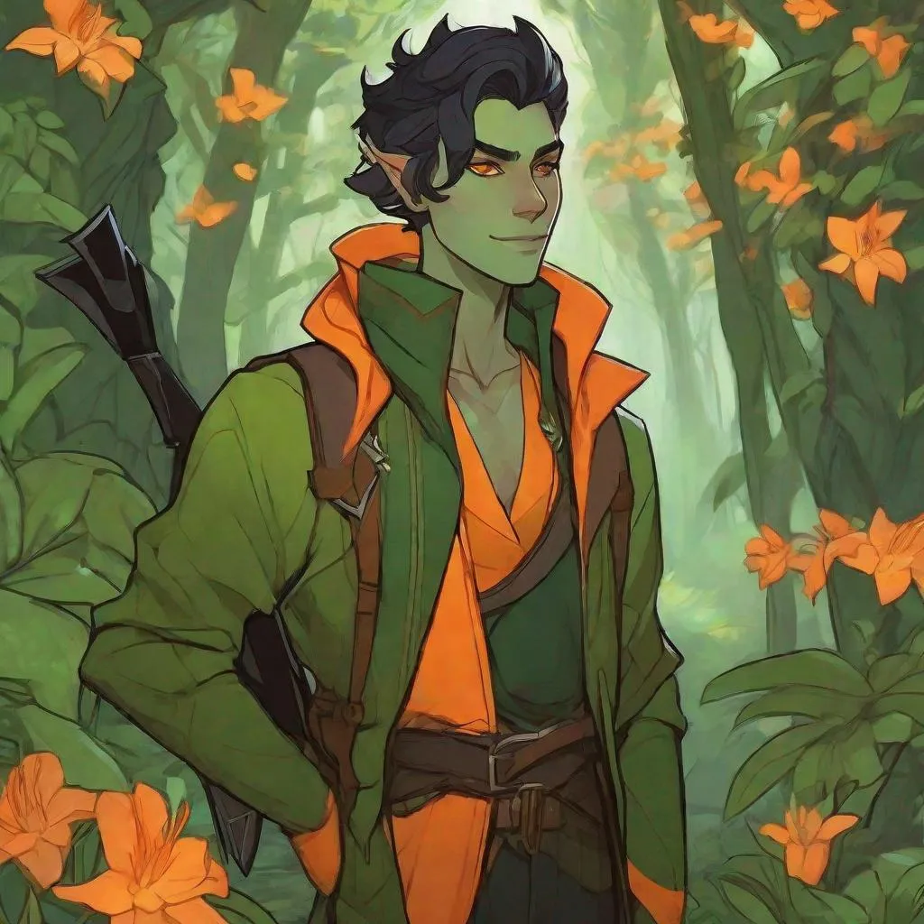 Prompt: {{{{androgynous goblin-like green skin male glowing orange irises}}}}, teenage character, taller than average,  aerodynamic build, no facial hair, black hair under hood, sharp-toothed grin, styled as a stealth Rogue, holding Whisper {dagger, Critical Role}, Placed in a fantasy forest background, capturing the essence of a darker dnd world. The art can be a sketch, drawing, or illustration. fighting pose, dungeons and dragons, outdoors, 50mm