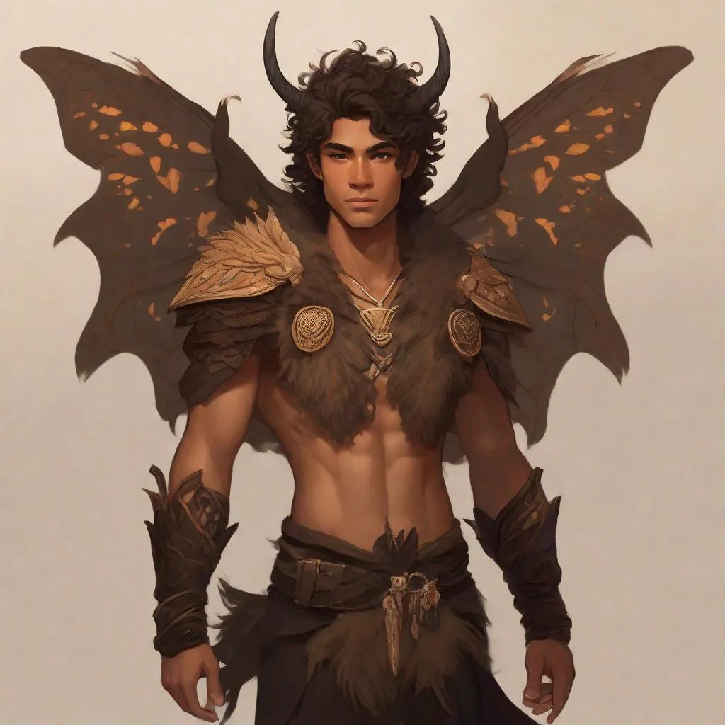 Prompt: a tiny light brown skin younger male, Long curly brown hair, {{{{{no facial hair}}}}}, Pixie race, tattered soot covered Vantablack moth wings on back,  aberrant dragonmark scar on  shoulder. He's styled as an lighter tone earth-themed Rune Knight Barbarian, wielding druid like gargantuan tree trunk three times his size, with a build like Miles Morales, in a fantasy forest background, The art can be a sketch or illustration.