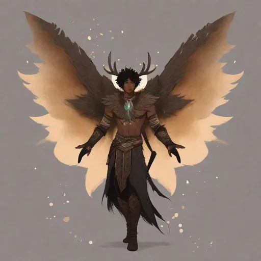 Prompt: a tiny light brown skin younger male, {{{{{no facial hair}}}}}, Pixie race, tattered soot covered Vantablack moth wings on back, featuring an aberrant dragonmark scar on his shoulder. He's styled as an lighter tone earth-themed Rune Knight Barbarian, wielding druid like gargantuan tree trunk three times his size, with a build like Grog Strongjaw from critical role but very skinny, in a fantasy forest background, The art can be a sketch or illustration.