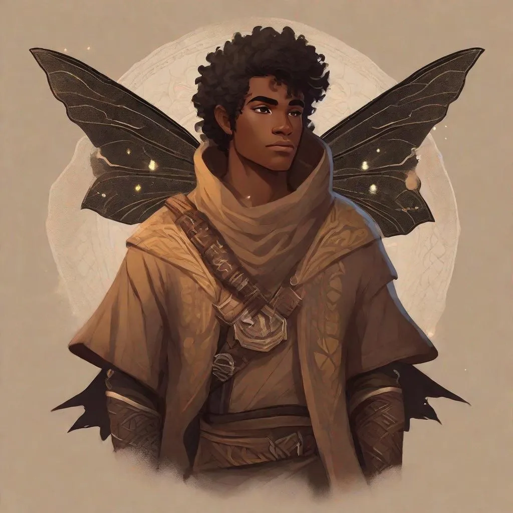 Prompt: a tiny light brown skin younger male, {{{{{no facial hair}}}}}, Pixie race, tattered soot covered Vantablack moth wings on back,  aberrant dragonmark scar on  shoulder. He's styled as an lighter tone earth-themed Rune Knight Barbarian, wielding druid like gargantuan tree trunk three times his size, with a build like Miles Morales, in a fantasy forest background, The art can be a sketch or illustration.