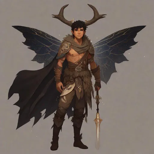 Prompt: a tiny light brown skin younger male, {{{{{no facial hair}}}}}, Fey Pixie race, tattered soot covered Vantablack moth wings on back, featuring an aberrant dragonmark scar on his shoulder. He's styled as an lighter tone earth-themed Rune Knight Barbarian, wielding druid like gargantuan tree trunk three times his size, with a build like Grog Strongjaw from critical role but very skinny, in a fantasy forest background, The art can be a sketch, drawing, or illustration.