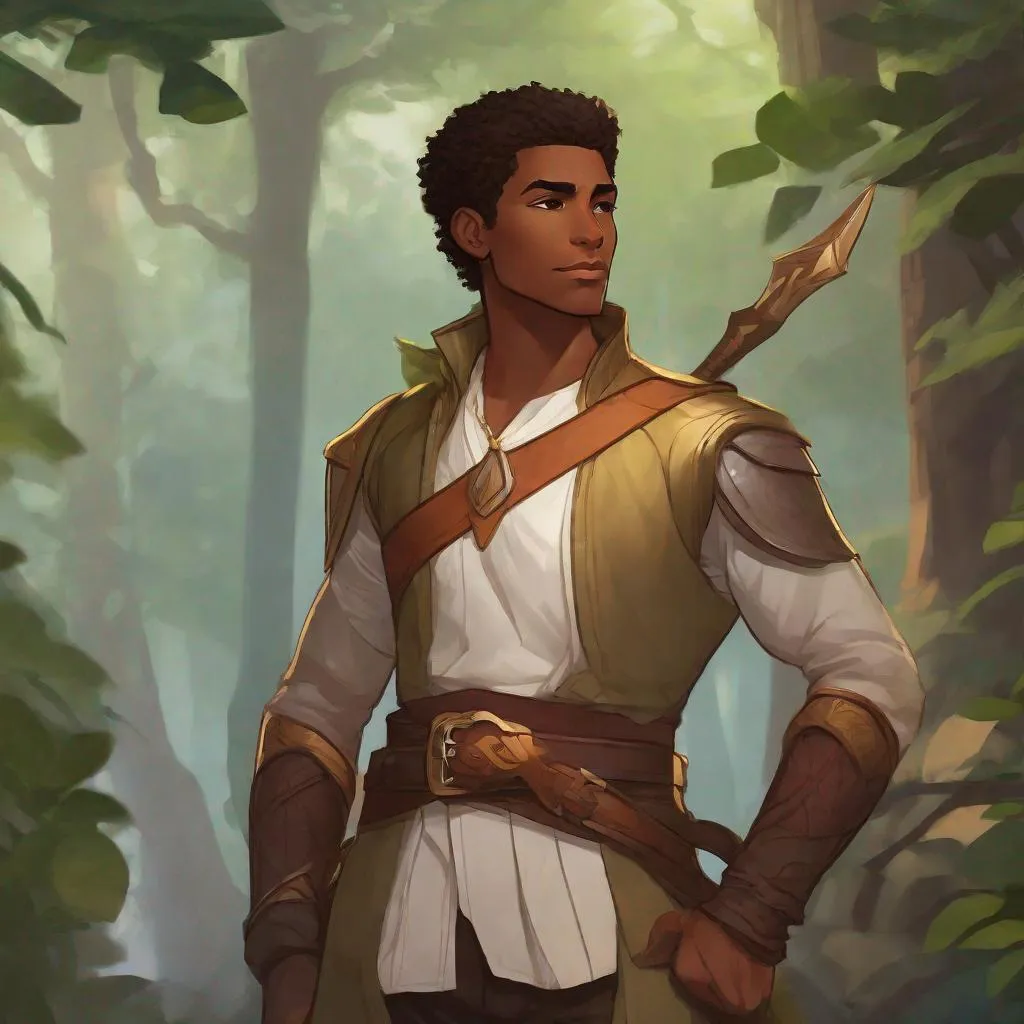 Prompt: DnD, a light brown skin slender and aerodynamic younger male, {{{{{no facial hair}}}}}, speedster/Hermes inspired, featuring an aberrant dragonmark scar on his shoulder. He's styled as an lighter tone earth-themed dungeons and dragons fantasy world Rogue, wielding whisper the dagger from critical role, in a fantasy forest background, The art can be a sketch, drawing, or illustration.