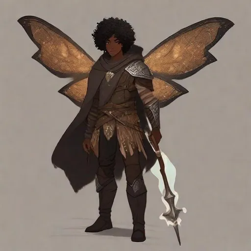 Prompt: a tiny light brown skin younger male, {{{{{no facial hair}}}}}, Pixie race, tattered soot covered Vantablack moth wings on back, featuring an aberrant dragonmark scar across his body. He's styled as an lighter tone earth-themed Rune Knight Barbarian, wielding druid like gargantuan walking stick three times his size, in a fantasy forest setting, The art can be a sketch, drawing, or illustration.