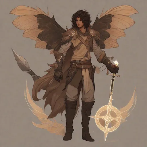 Prompt: a tiny light brown skin younger male, Long curly brown hair, {{{{{no facial hair}}}}}, Pixie race, tattered soot covered Vantablack moth wings on back,  aberrant dragonmark scar on  shoulder. He's styled as an lighter tone earth-themed Rune Knight Barbarian, wielding druid like gargantuan tree trunk three times his size, with a build like Miles Morales, in a fantasy forest background, The art can be a sketch or illustration.