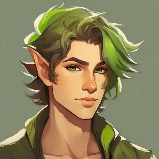 Prompt: Create a fantasy art featuring an androgynous male teenage character. they should be taller than average, with an aerodynamic build and no facial hair. Their skin must be goblin-like green, and their hair should be black. They should have glowing orange irises and a sharp-toothed grin. On their shoulder, there should be a scar in the shape of a dragon. They are styled as a dark-toned, earth-themed stealth Rogue, wielding 'Whisper,' the dagger from Critical Role. Place them in a fantasy forest background, capturing the essence of a darker, earth-themed D&D world. a drawing of a person with red eyes, a character portrait by Nína Tryggvadóttir, trending on DeviantArt, fantasy art, artstation  a drawing of a woman sitting on the ground, a character portrait by Okumura Togyu, 